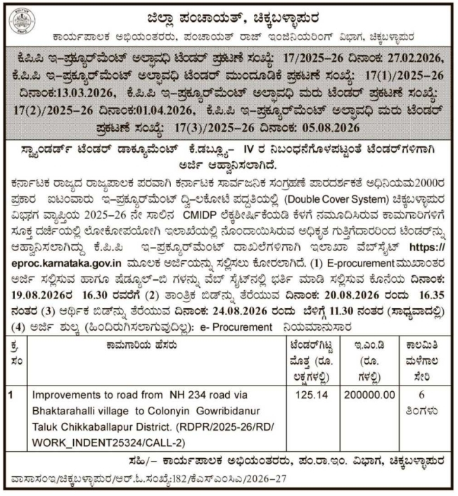 E-Procurement Tender for Rural Road Improvement Works by ZP Chikkaballapur