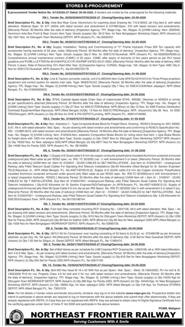 E-Procurement Tender Notice by Northeast Frontier Railway Maligaon