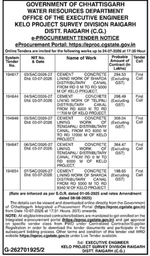 e-Procurement Tender Notice: Canal Cement Concrete Lining Works in Raigarh