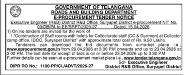 E-Procurement Tender Notice: Construction of Staff Rooms at Suryapet Collectorate (2026-27)