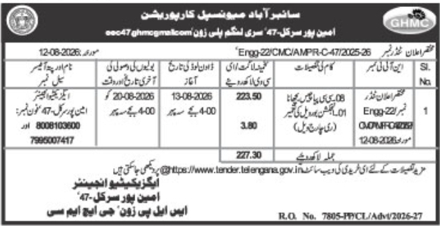E-Procurement Tender Notice for CC Roads and Junction Drainage by GHMC SLP Zone
