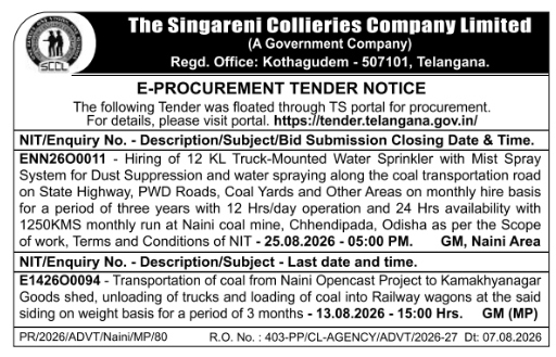 E-Procurement Tender Notice for Coal Transport and Sprinklers by SCCL