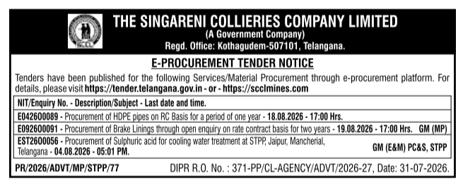 E-Procurement Tender Notice for Materials and Chemicals by SCCL