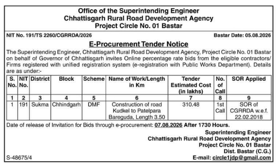E-Procurement Tender Notice for Road Construction by CGRRDA