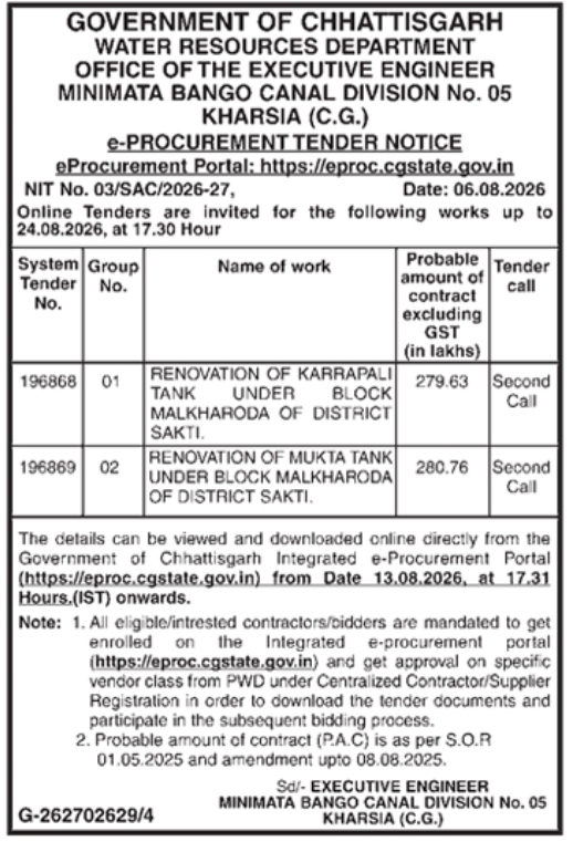 e-Procurement Tender Notice for Tank Renovation by Water Resources Department Kharsia