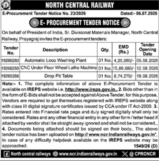 e-Procurement Tender Notice: North Central Railway Machinery Procurement