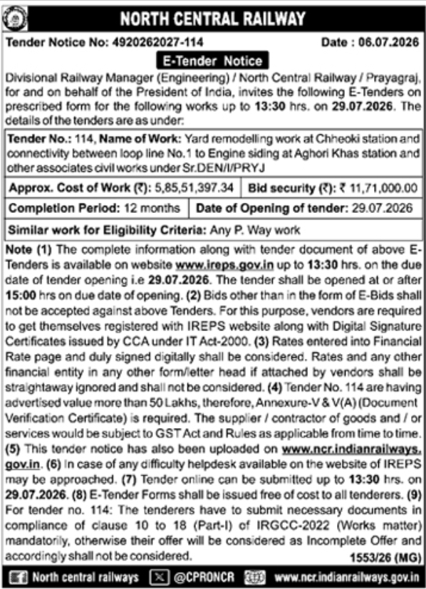 e-Procurement Tender Notice: North Central Railway Yard Remodelling