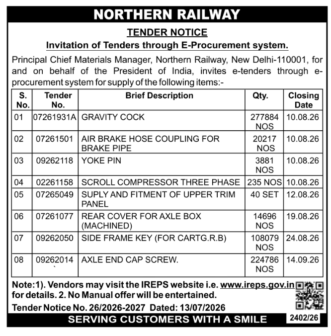 E-Procurement Tender Notice: Northern Railway Components Supply