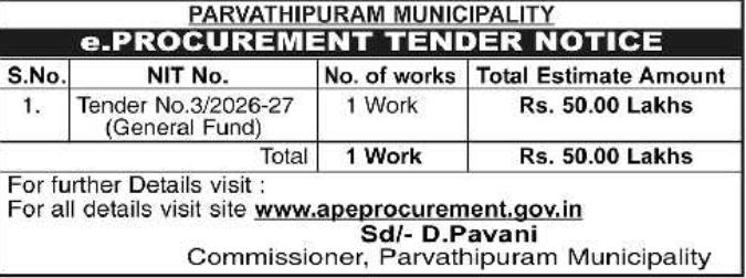 E-Procurement Tender Notice: Parvathipuram Municipality