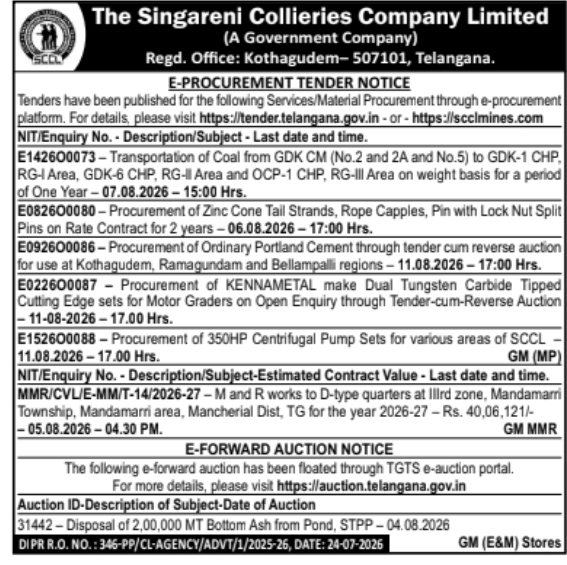 E-Procurement Tender Notice: SCCL Coal Transport & Material Procurement