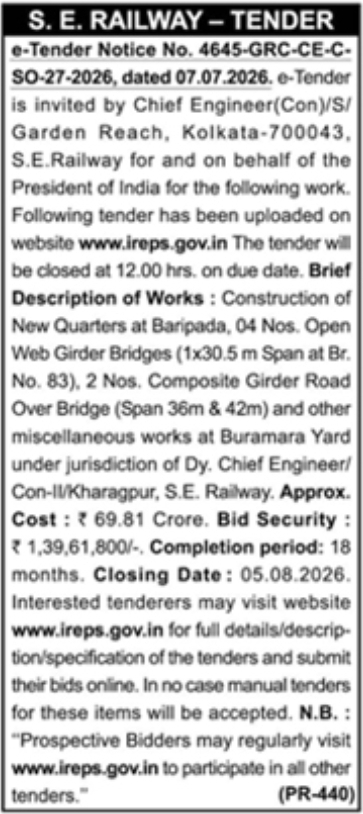e-Procurement Tender Notice: South Eastern Railway Multi-Work Engineering Projects