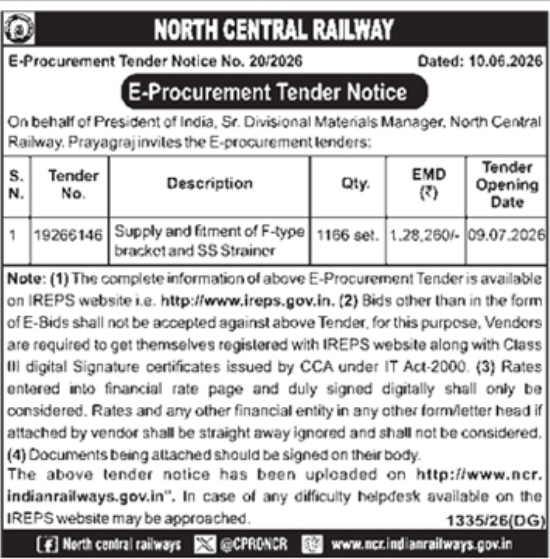 E-Procurement Tender Notice: Supply & Fitment of Railway Components