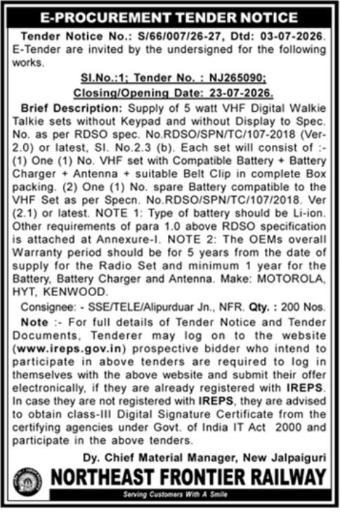 e-Procurement Tender Notice: Supply of 5 Watt VHF Digital Walkie Talkie Sets