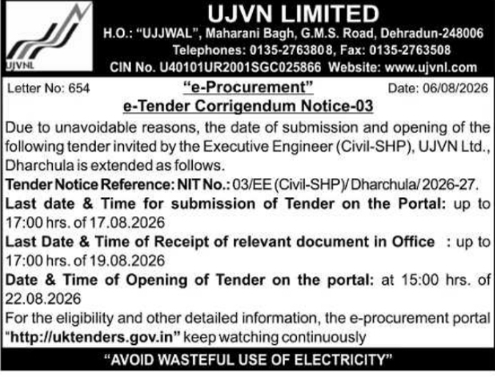 E-Tender Corrigendum Notice for Civil Works by UJVN