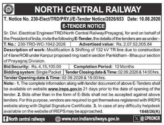 E-Tender for 132 kV TR Line Modification by North Central Railway