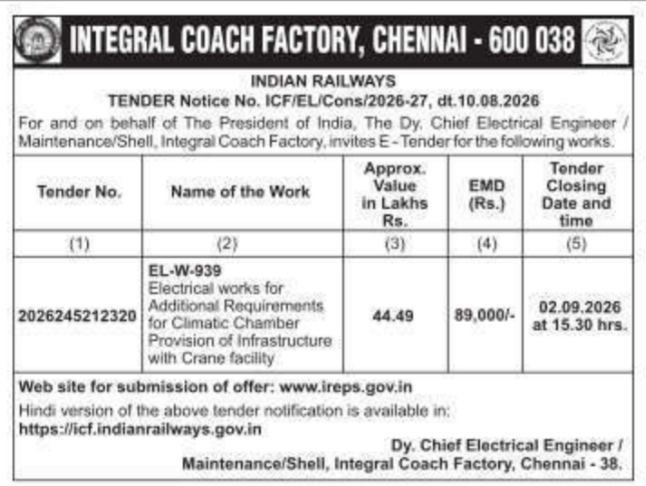 E-Tender for Climatic Chamber Infrastructure by ICF Chennai