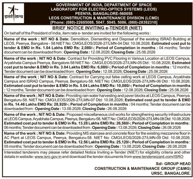 E-Tender for Lab Civil Maintenance by ISRO LEOS Bangalore