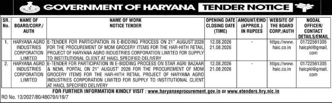 E-Tender for MDM Grocery Procurement by Haryana Agro Industries Corporation