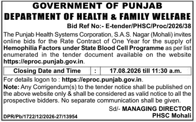 E-Tender for One Year Hemophilia Factors Rate Contract