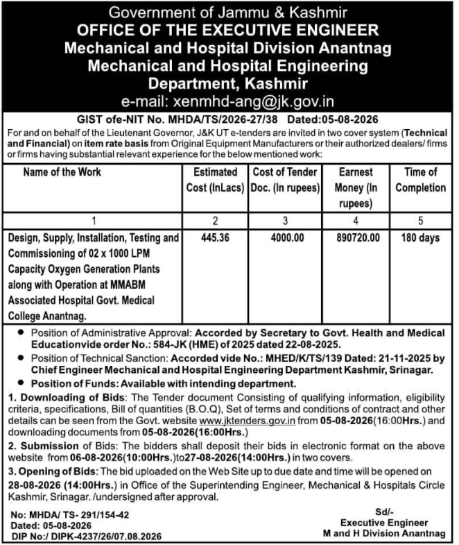 E-Tender for Oxygen Generation Plants by Kashmir Engineering Department