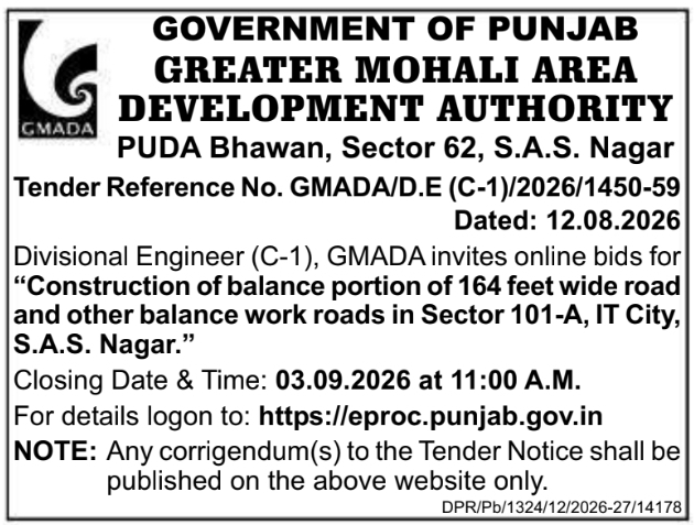 E-Tender for Sector Road Construction by GMADA S.A.S. Nagar