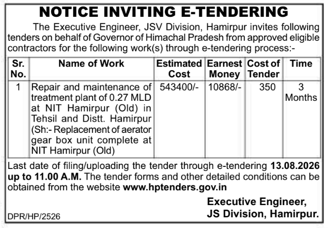 E-Tender for Treatment Plant Repair by JSV Division Hamirpur
