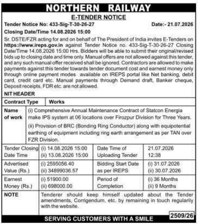 E-Tender: Northern Railway Maintenance Works