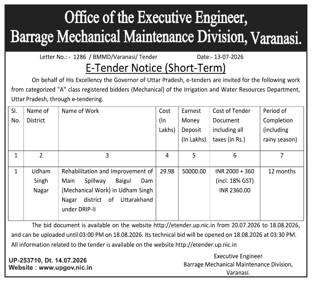 E-Tender Notice: Baigul Dam Spillway Mechanical Work