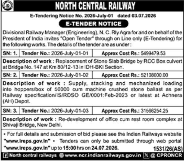 E-Tender Notice: Bridge, Ballast, and Office Redevelopment Works under N. C. Rly Agra