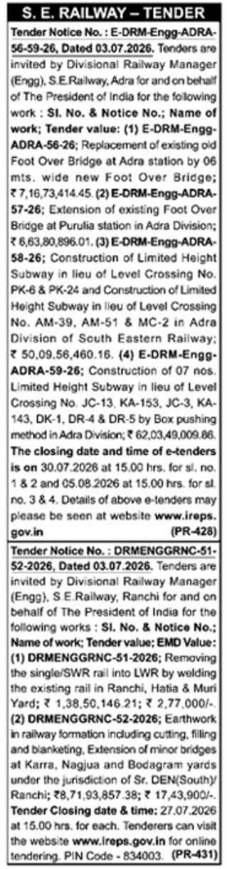 E-Tender Notice: Bridge Construction, Subways, and Rail Works under S.E. Railway