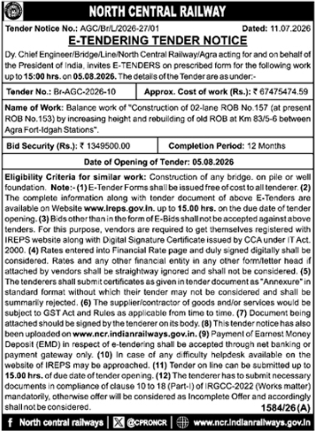 E-Tender Notice: Bridge Rebuilding Work, North Central Railway Agra