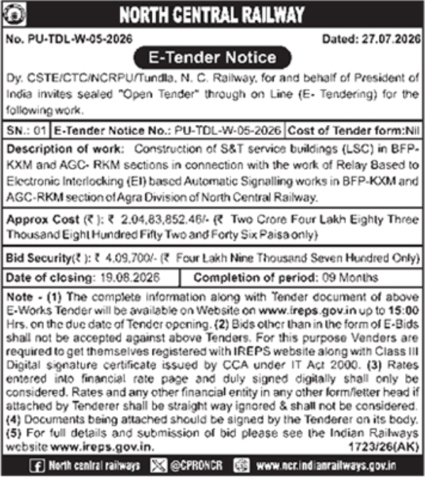 E-Tender Notice by North Central Railway