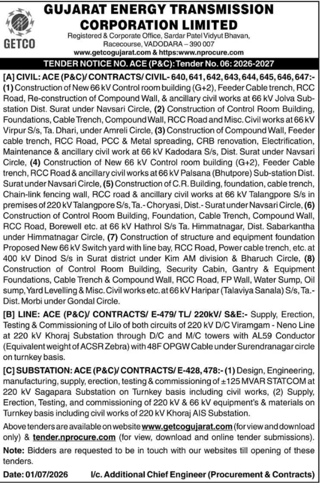E-Tender Notice: Civil, Line, and Substation Works at Gujarat Energy Transmission Corporation Limited