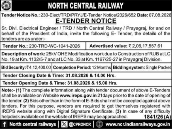 E-Tender Notice for 25kV OHE Modification Works by North Central Railway