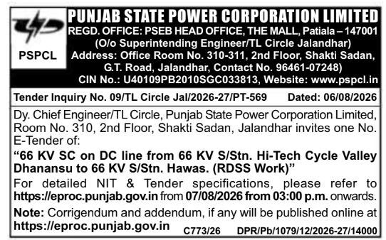 E-Tender Notice for 66 KV Transmission Line Works by PSPCL Jalandhar