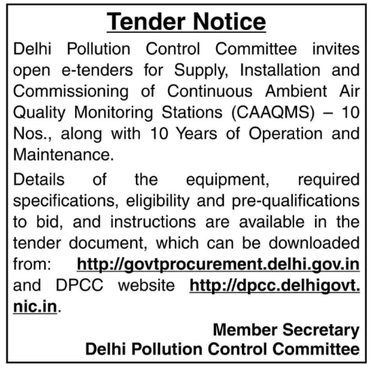 E-Tender Notice for Ambient Air Quality Monitoring Stations by DPCC