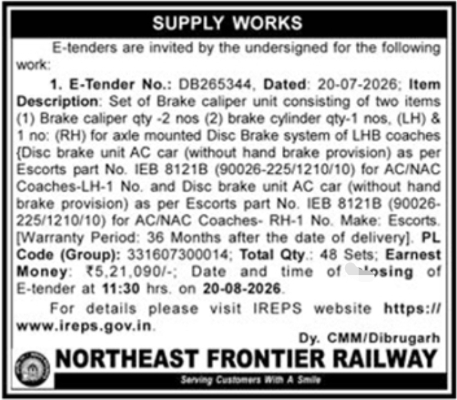 E-Tender Notice for Brake Caliper Supply by Northeast Frontier Railway