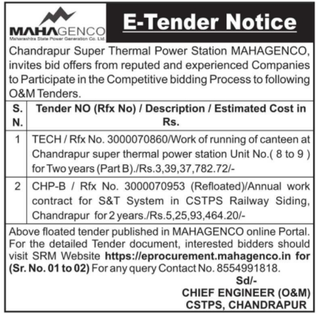 E-Tender Notice for Canteen & S&T Systems by MAHAGENCO
