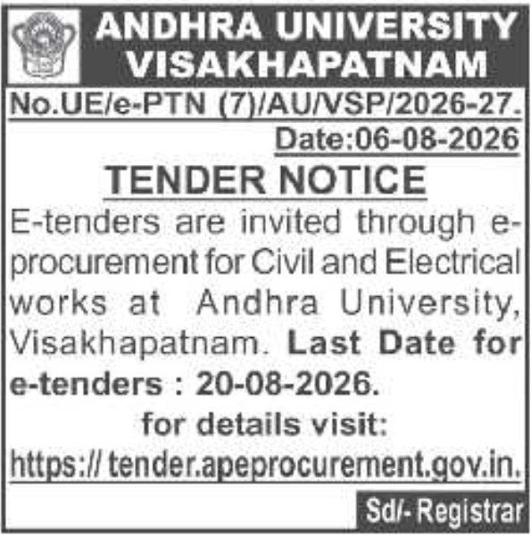 E-Tender Notice for Civil and Electrical Works by Andhra University