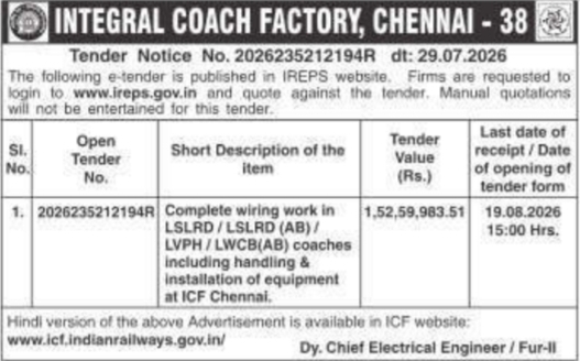 E-Tender Notice for Complete Coach Wiring Works by ICF Chennai