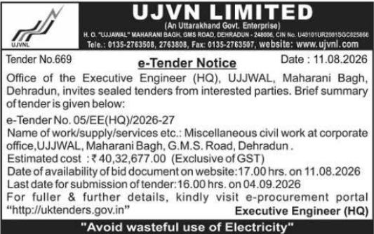 e-Tender Notice for Corporate Office Civil Work by UJVN Limited