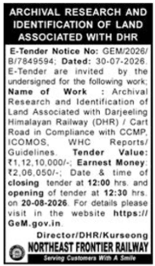 E-Tender Notice for Darjeeling Himalayan Railway Archival Research by Northeast Frontier Railway