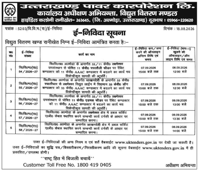E-Tender Notice for Electrical Distribution Works by UPCL Ranikhet