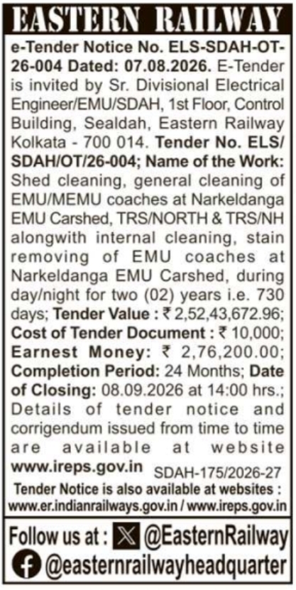 E-Tender Notice for EMU Coach Cleaning Services by Eastern Railway