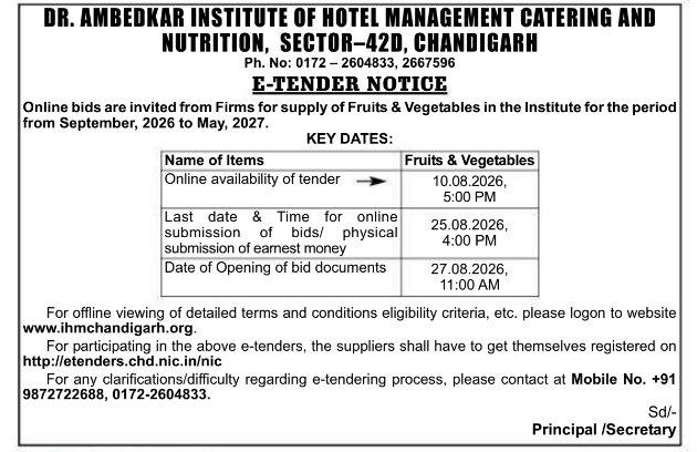 E-Tender Notice for Fruits and Vegetables Supply by AIHM Chandigarh