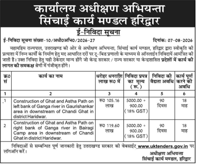 E-Tender Notice for Ghat and Astha Path Construction by Haridwar Irrigation Circle