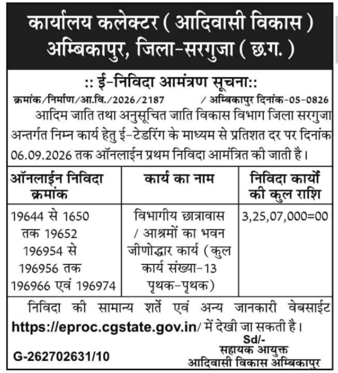 E-Tender Notice for Hostel Building Renovation by Collector Office Ambikapur