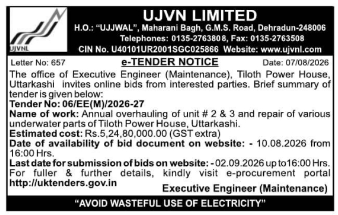 E-Tender Notice for Hydro Power Overhauling by UJVN Limited