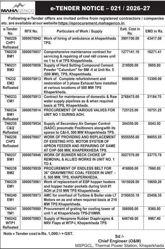 E-Tender Notice for Khaperkheda Thermal Power Station