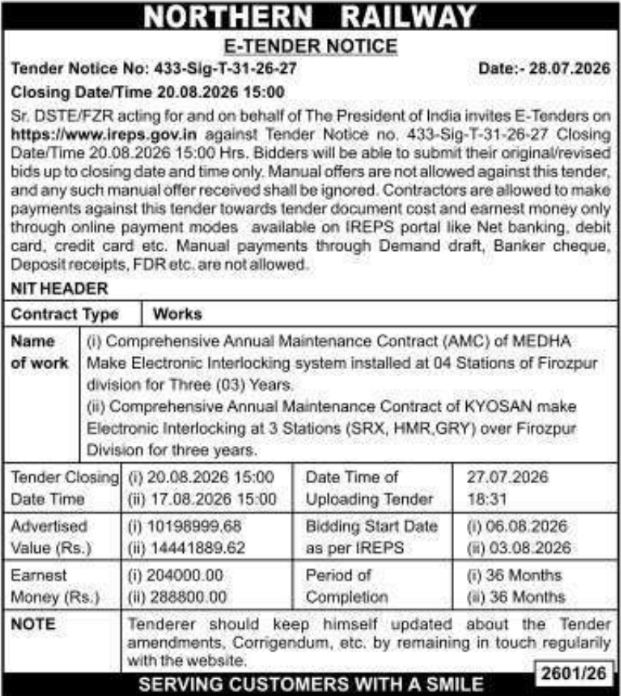E-Tender Notice for Maintenance Contracts by Northern Railway